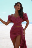 Rose Prom Dress Off-the-Shoulder Pleated Short with Trail BM bride