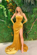 Strapless Velvet Mermaid Prom Dress with Split BM bride