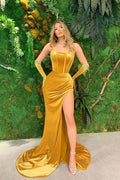 High Split Strapless Velvet Sleeveless Long Mermaid Prom Dress With Gloves