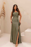 One Shoulder Sleeveless Long Mermaid Split Prom Dress With Pleated