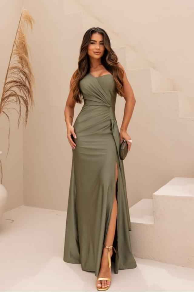 One Shoulder Sleeveless Long Mermaid Split Prom Dress With Pleated