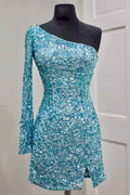 Sky Blue Stunning Long Sleeve One Shoulder Prom Split Dress Short With Sequins