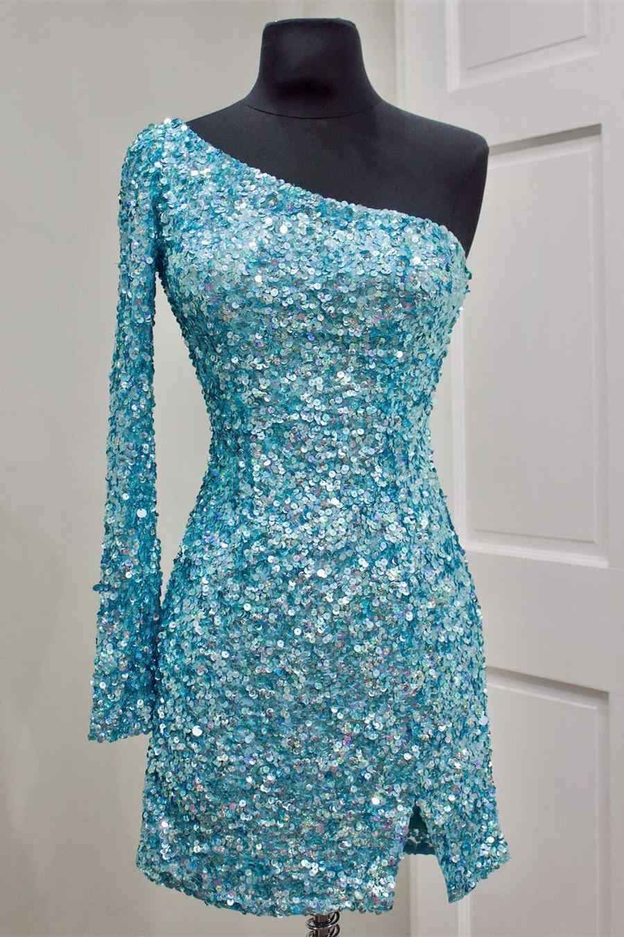 Sky Blue Stunning Long Sleeve One Shoulder Prom Split Dress Short With Sequins