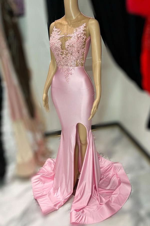 Pink Sleeveless Tulle Mermaid Prom Dress with Appliques and Slit BM bride
