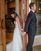 Sleeveless Bateau Backless A-line Church Train Wedding Dress With Appliques Lace BM bride