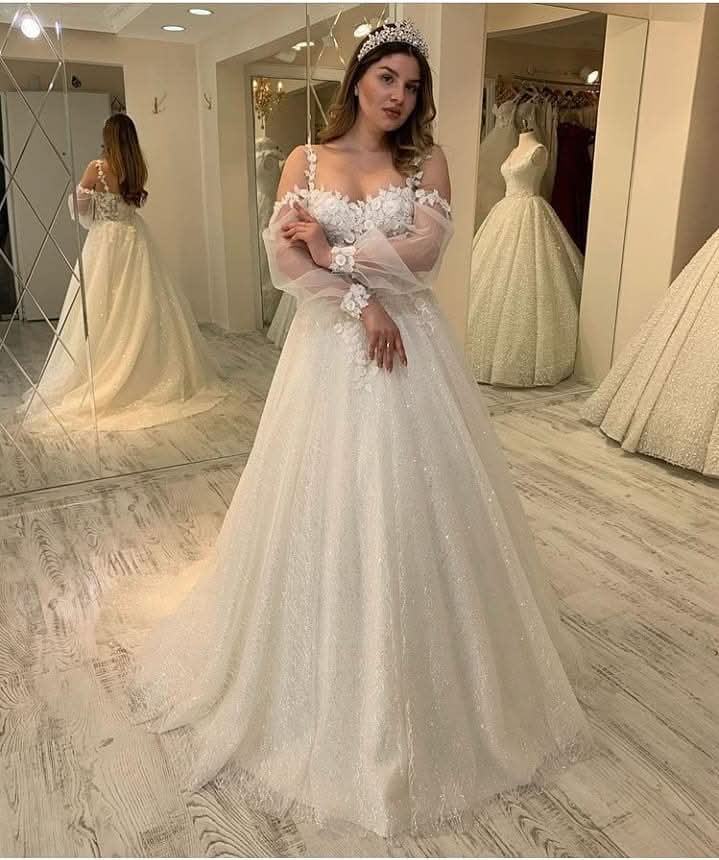 A-line Wedding Dress With Spaghetti-Straps Long Sleeves Lace BM bride