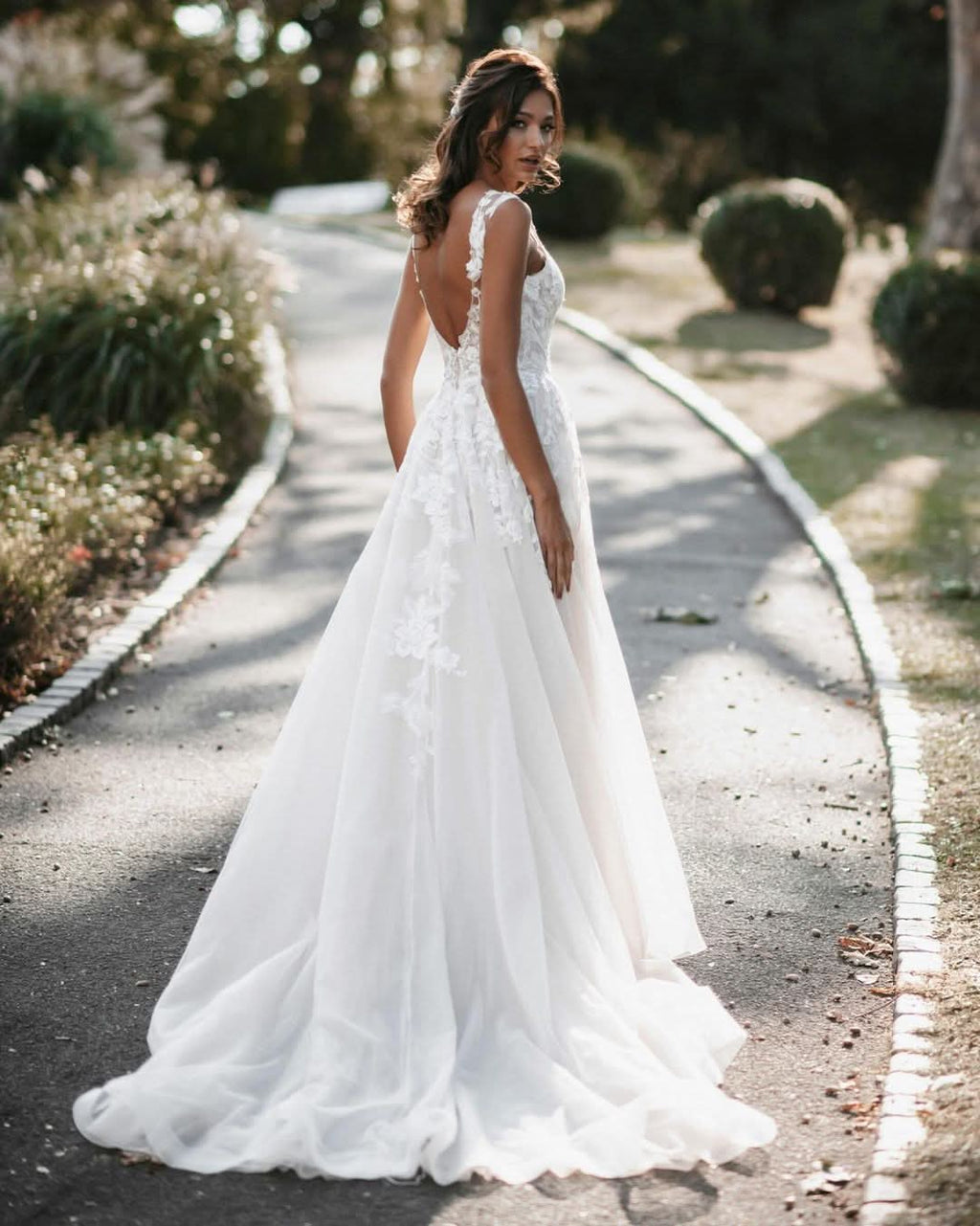 A-Line V-Neck Tulle Backless Long Wedding Dress with Lace BM bride