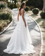 A-Line V-Neck Tulle Backless Long Wedding Dress with Lace BM bride