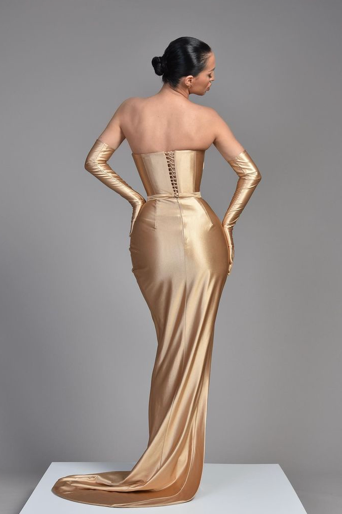 Champagne Half Sleeves Off-the-Shoulder Evening Dress with Pleated Slit BM bride