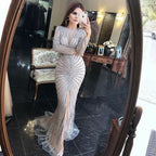 Sexy Black Sequin Prom Dress, Long Sleeve V-Neck High Slit Mermaid BM bride