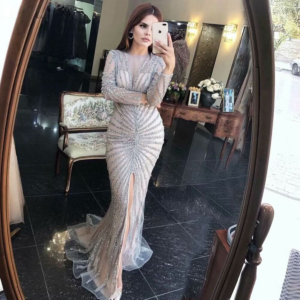 Sexy Black Sequin Prom Dress, Long Sleeve V-Neck High Slit Mermaid BM bride