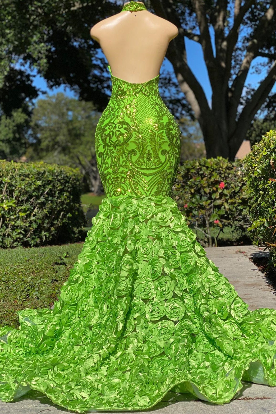 Green Halter Open-Back Sleeveless Mermaid Prom Dress with Flower Appliqueds BM bride