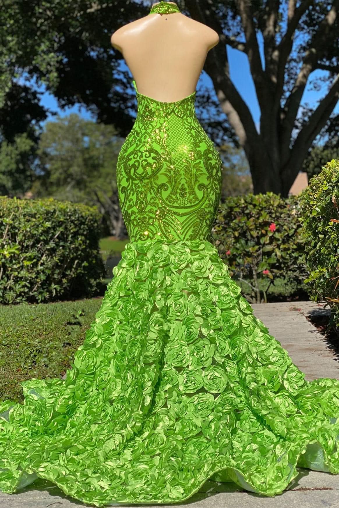 Green Halter Open-Back Sleeveless Mermaid Prom Dress with Flower Appliqueds BM bride