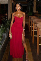 Spaghetti Strap Halter Sleeveless Split Prom Dress With Pleated