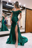 Elegant Sequins Off-The-Shoulder Evening Dress with Pleated Slit BM bride