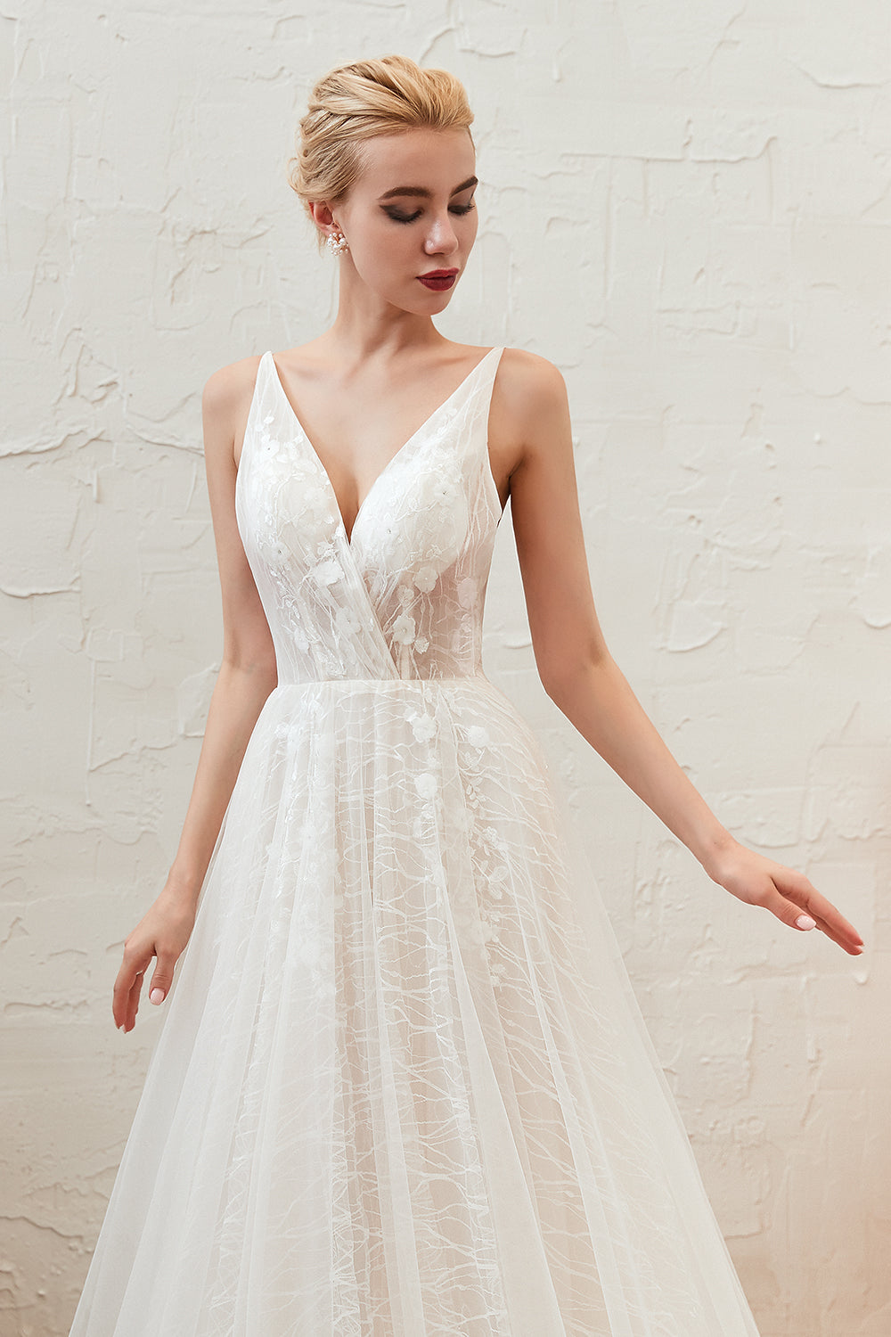 Classy A-Line Deep V-Neck Floor-Length Open Back Wedding Dress with Lace and Tulle BM bride