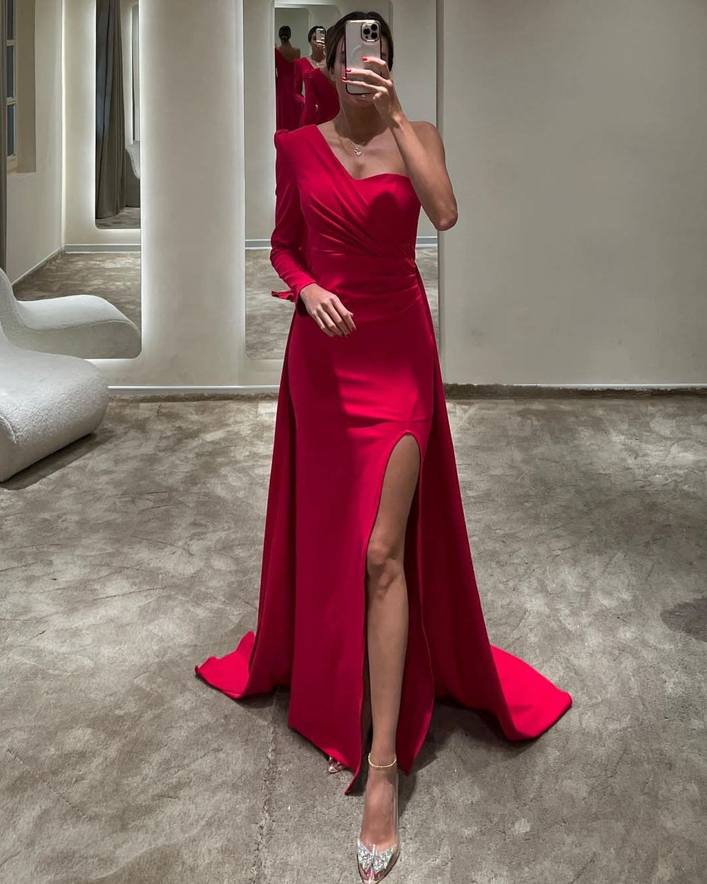 Elegant Red One-Shoulder Prom Dress with Front Split Court Mermaid Style BM bride