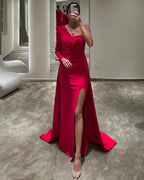 Elegant Red One-Shoulder Prom Dress with Front Split Court Mermaid Style BM bride