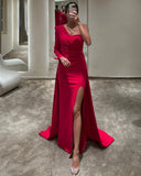 Elegant Red One-Shoulder Prom Dress with Front Split Court Mermaid Style BM bride