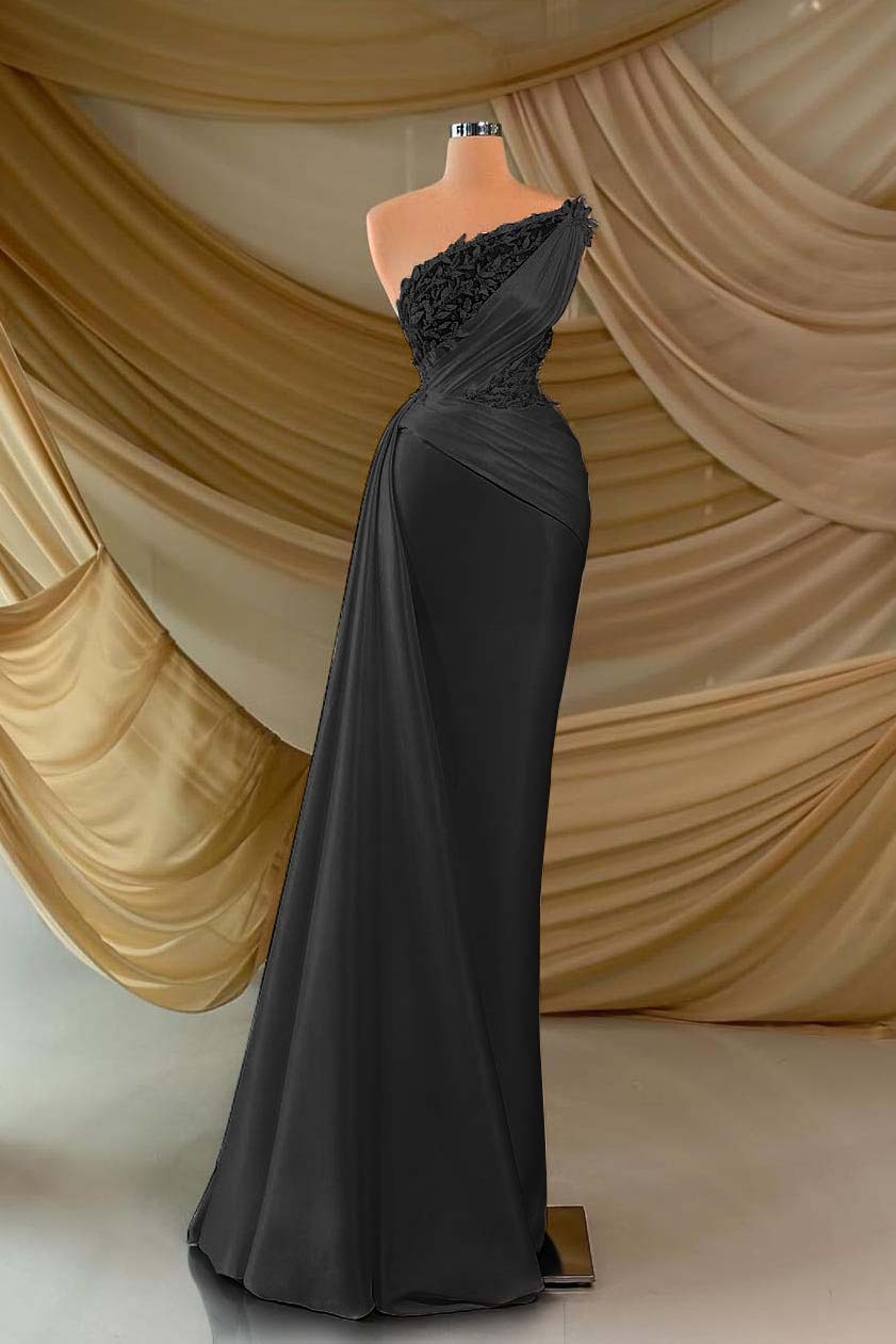 One Shoulder Sleeveless Long Prom Dress With Appliques Ruffles