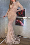Chic High Neck Mermaid Long Sleeves Sequins Long Prom Dress With Pleated