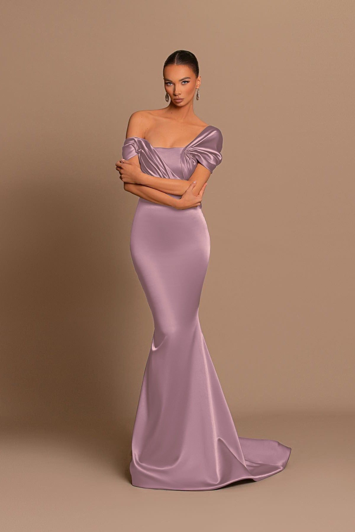 Glamorous Gray Off the Shoulder Mermaid Prom Dress With Pleated BMBRIDE