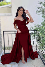 Dark Green Off-the-Shoulder Sweetheart Mermaid Prom Dress with Split and Long Ruffles BM bride