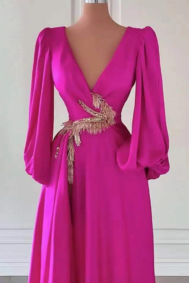 Fuchsia Long Sleeves A-Line Dark V-Neck Prom Dress with Embellishment BM bride