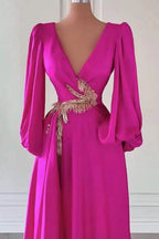 Fuchsia Long Sleeves A-Line Dark V-Neck Prom Dress with Embellishment BM bride