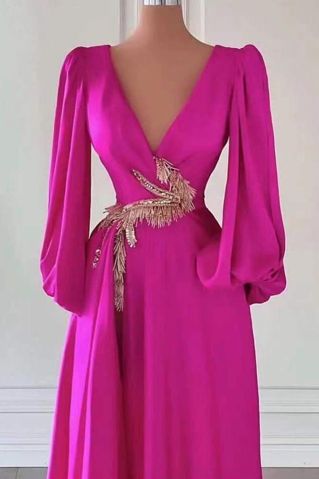 Fuchsia Long Sleeves A-Line Dark V-Neck Prom Dress with Embellishment BM bride