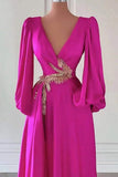 Fuchsia Long Sleeves A-Line Dark V-Neck Prom Dress with Embellishment BM bride