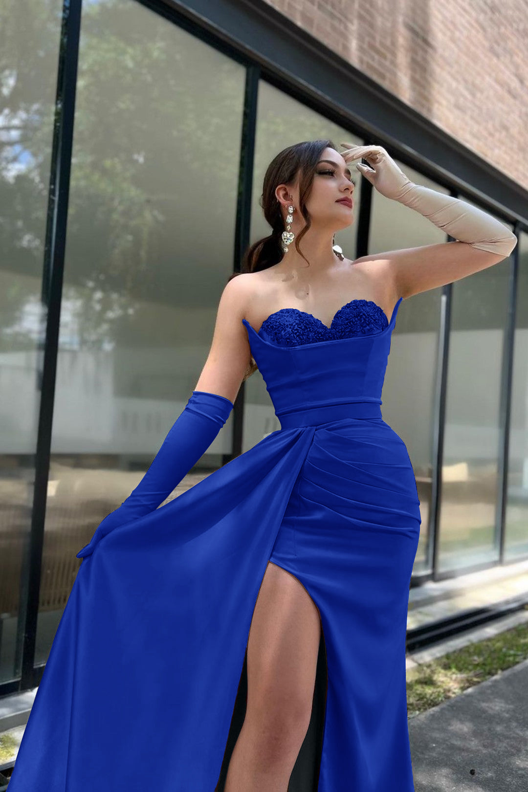 Prom Dress Sleeves Champagne Sweetheart High Slit With Gloves BMBRIDE