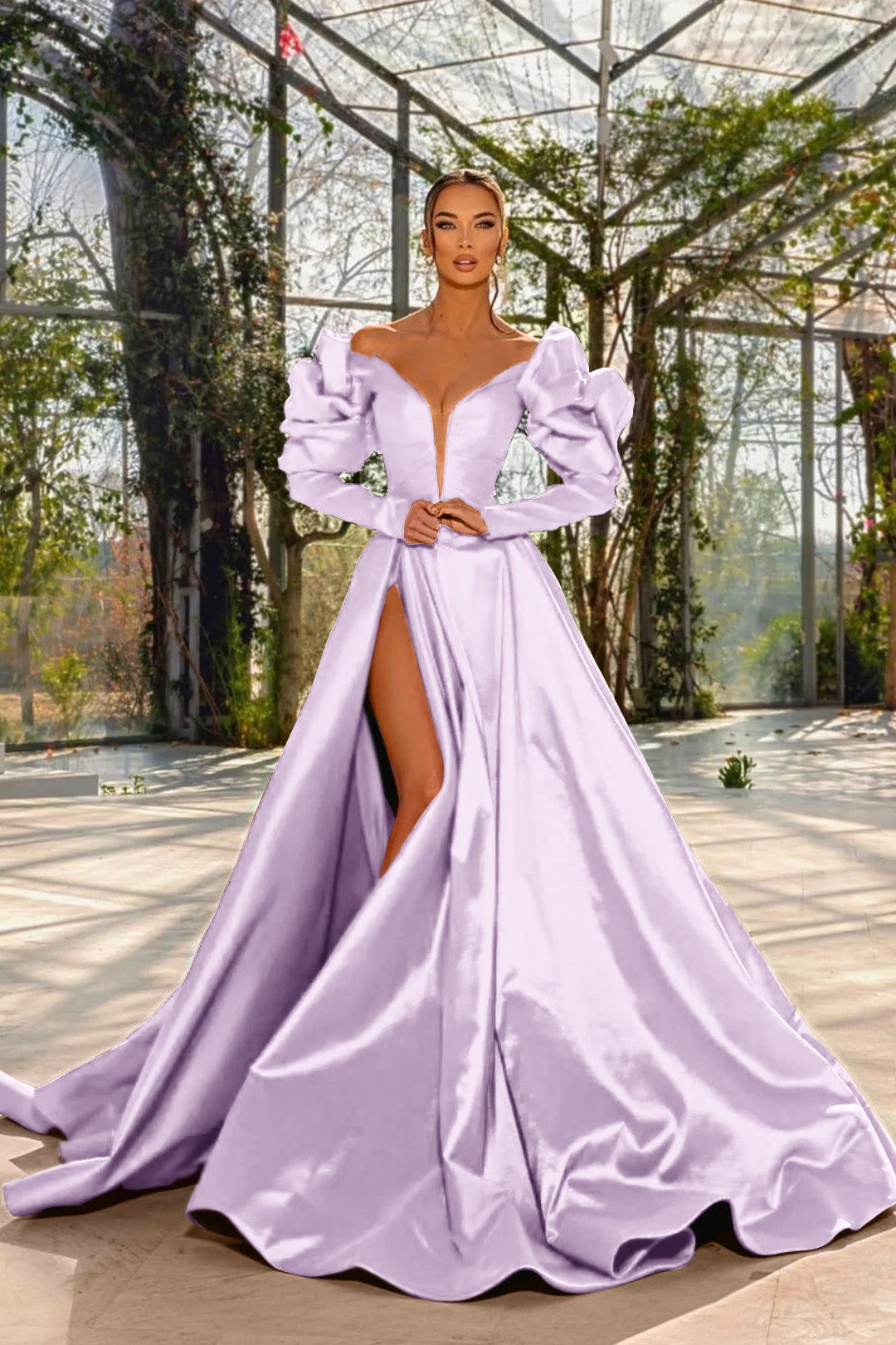 Sexy Prom Dress Red V Neck Bubble Long Sleeves With High Split BMBRIDE