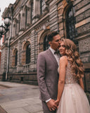 Boho Long A-Line V-Neck Tulle Lace Wedding Dress with Slit and Appliques BM bride
