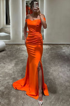 Orange Off-the-Shoulder Prom Dress with Long Split Mermaid Style BM bride
