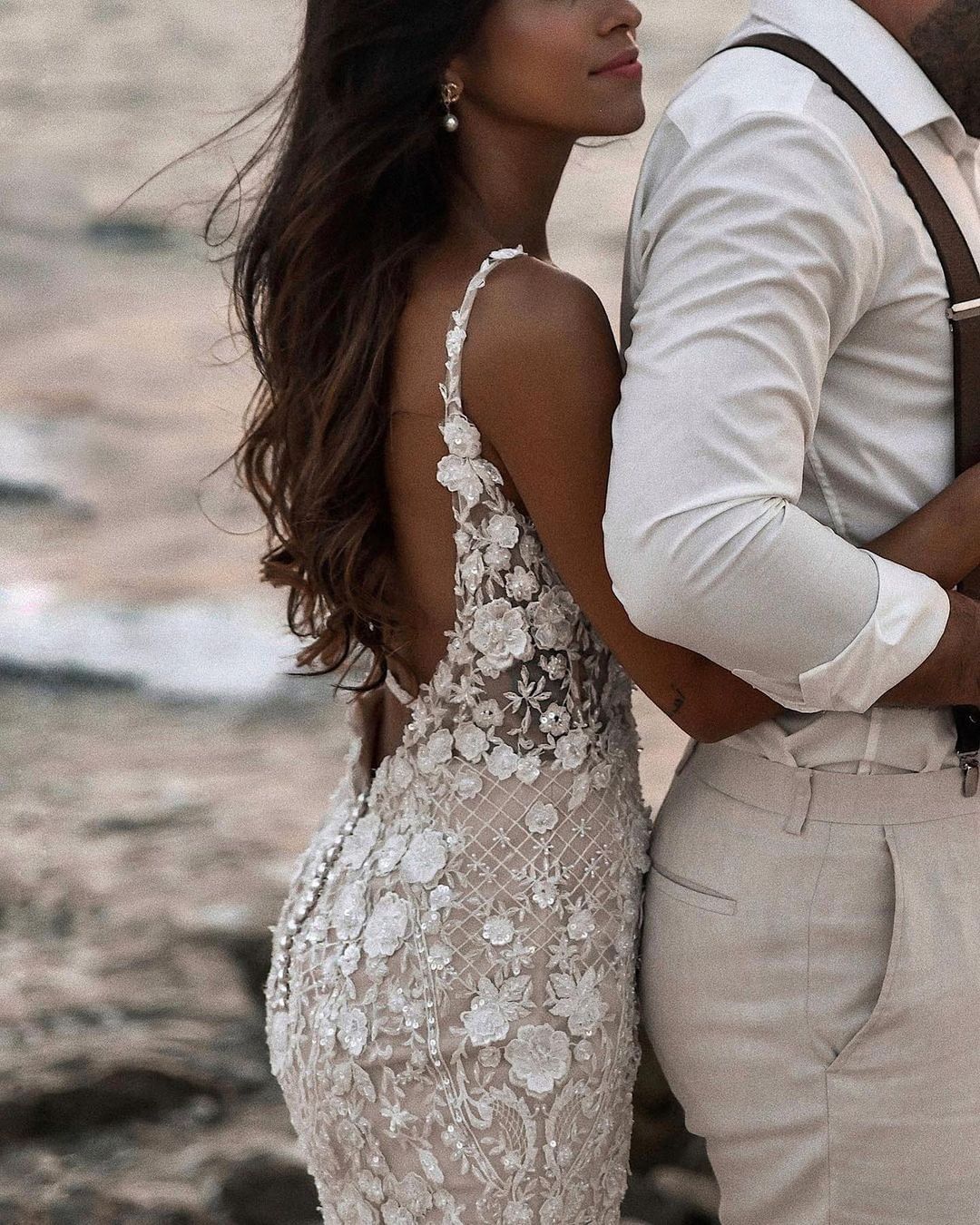 Elegant Long Mermaid V-Neck Floral Lace Wedding Dress with Backless Design BM bride