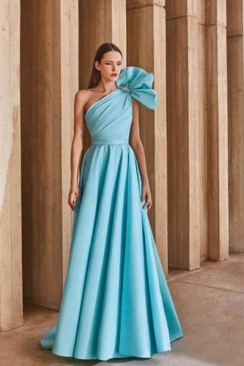 One Shoulder Sleeveless A Line Prom Dress With Pleated Belt