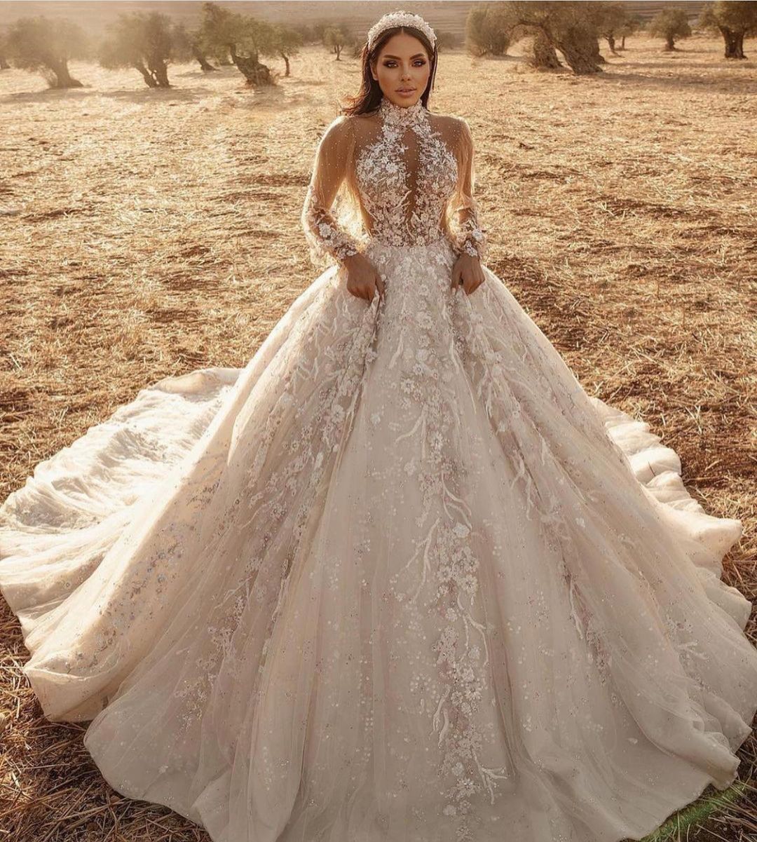 High Neck Long Sleeve A-Line Wedding Dress with Lace Appliques and Tulle Train BM bride