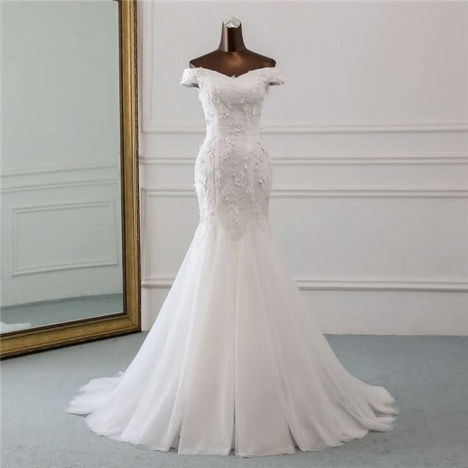 Off-the-Shoulder Mermaid Long Wedding Dress with Tulle Lace BM bride