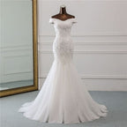Off-the-Shoulder Mermaid Long Wedding Dress with Tulle Lace BM bride