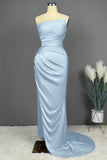 Simple Blue Sleeveless Charmeuse Prom Dress with High Slit and Pleats BM bride