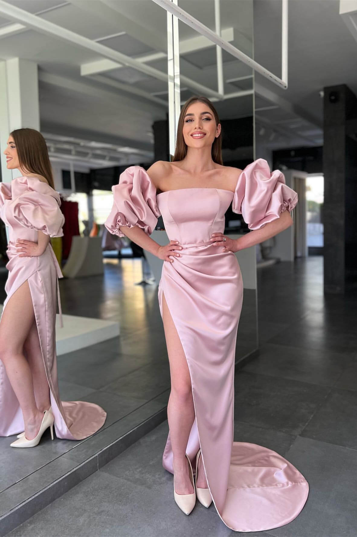 Pink Strapless Mermaid Prom Dress with Long Split and Detachable Sleeves BM bride
