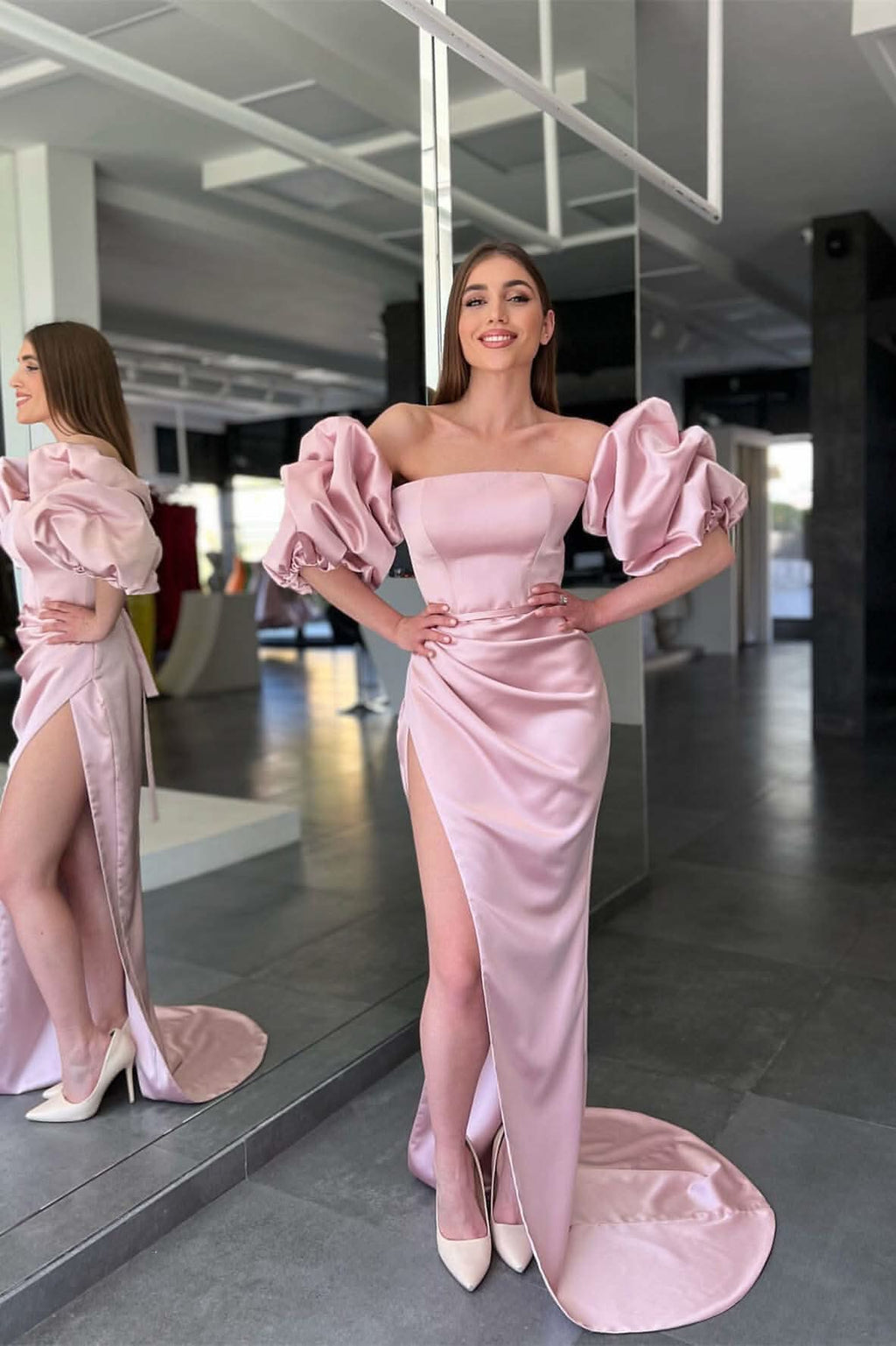 Pink Strapless Mermaid Prom Dress with Long Split and Detachable Sleeves BM bride
