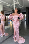 Pink Strapless Mermaid Prom Dress with Long Split and Detachable Sleeves BM bride