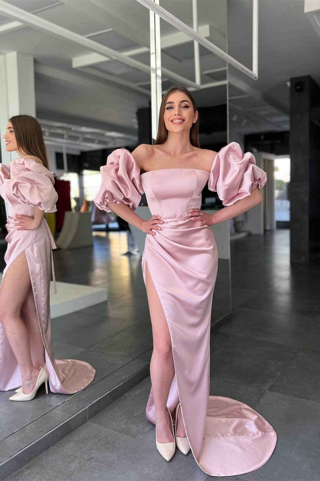 Pink Strapless Long Mermaid Prom Dress Side Split With Detachable Sleeves
