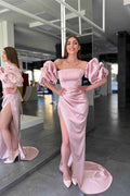 Pink Strapless Long Mermaid Prom Dress Side Split With Detachable Sleeves