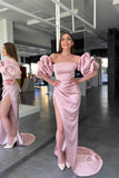 Pink Strapless Mermaid Prom Dress with Long Split and Detachable Sleeves BM bride