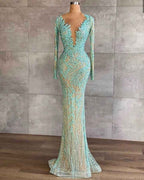 Light Blue Mermaid Beaded Tulle Prom Dress Long Sleeves With Sequins