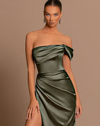 Charming Sage Green Off-The-Shoulder Evening Dress with Ball Gown and Pleated Slit BM bride