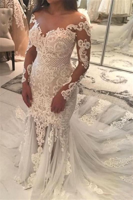 Long Sleeve Off-the-Shoulder Beaded Mermaid Wedding Dress with Lace Appliques BM bride